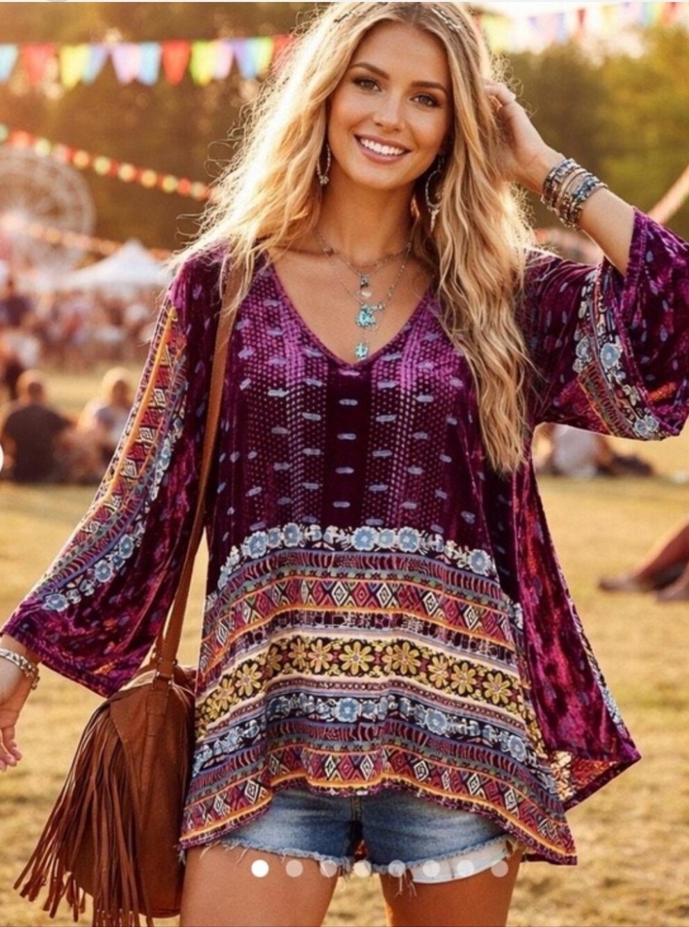Johnny Was Velvet Boho V-Neck Patchwork Tunic Top Sz Medium
